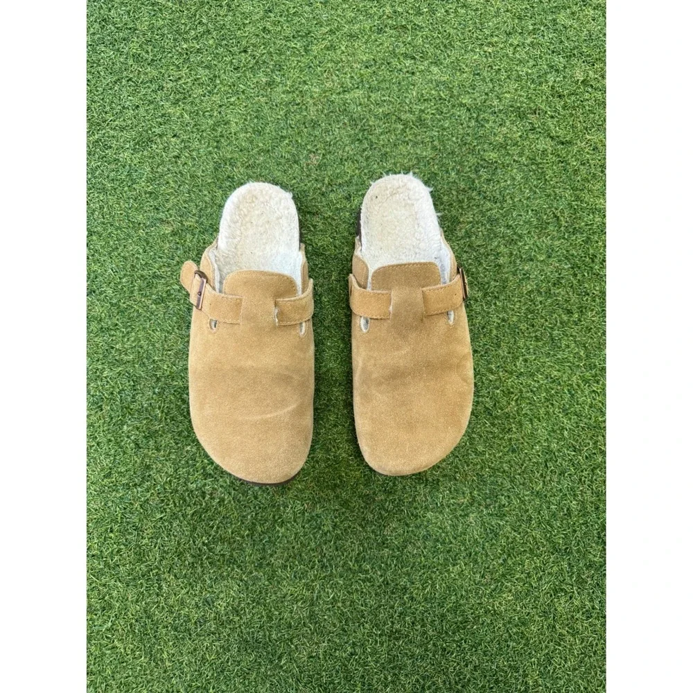 KIDMI Mens Suede Clogs Faux Shearling Lined Buckle Mules Tan Size 8
